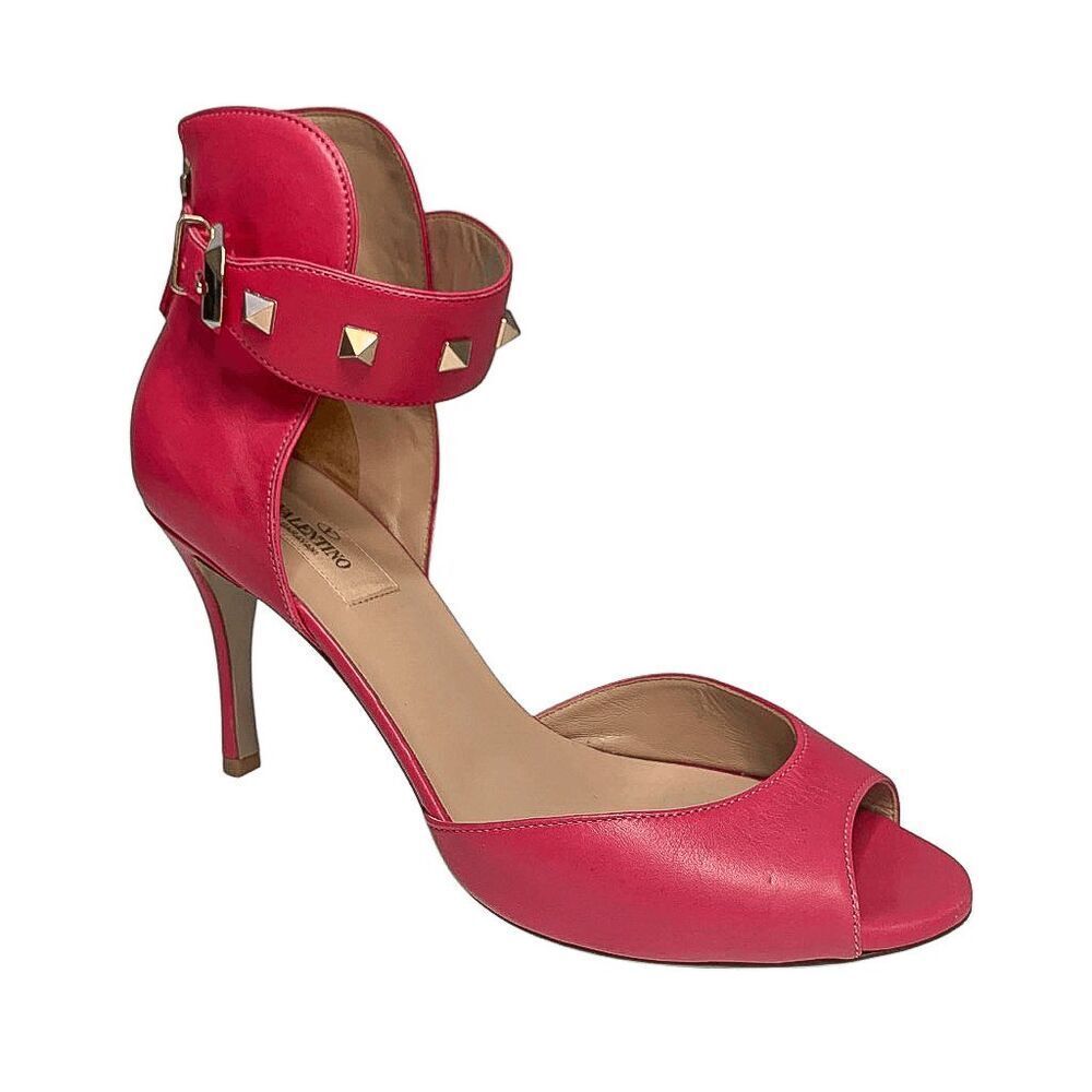 Valentino Garavani Leather Rockstud Ankle Strap Heels EU 38.5 US 8.5 Pink Pumps